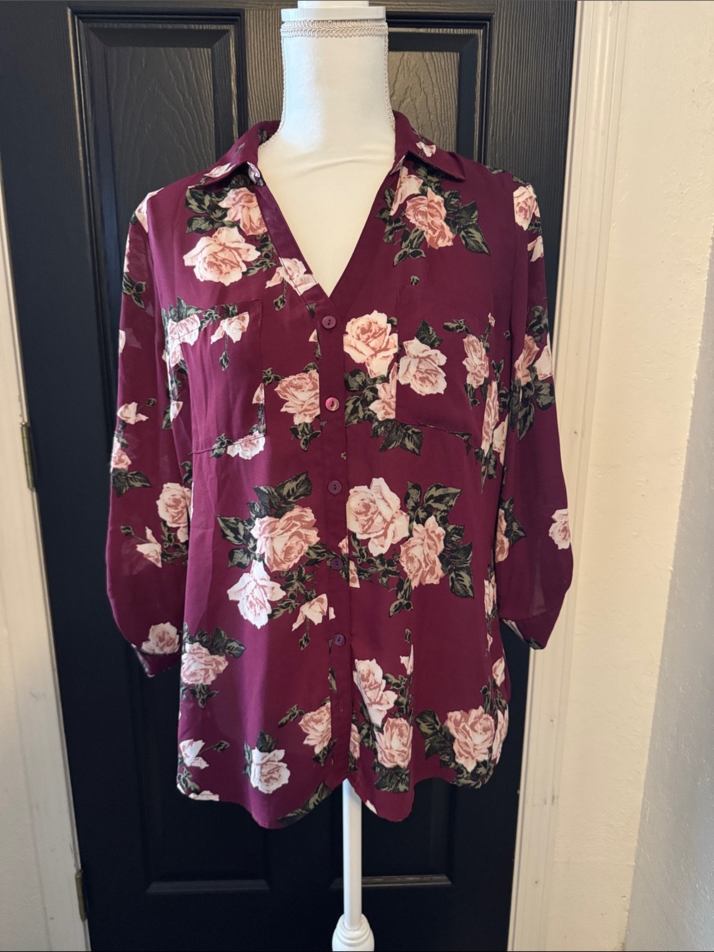 BCX Burgundy Floral Button-Down Blouse